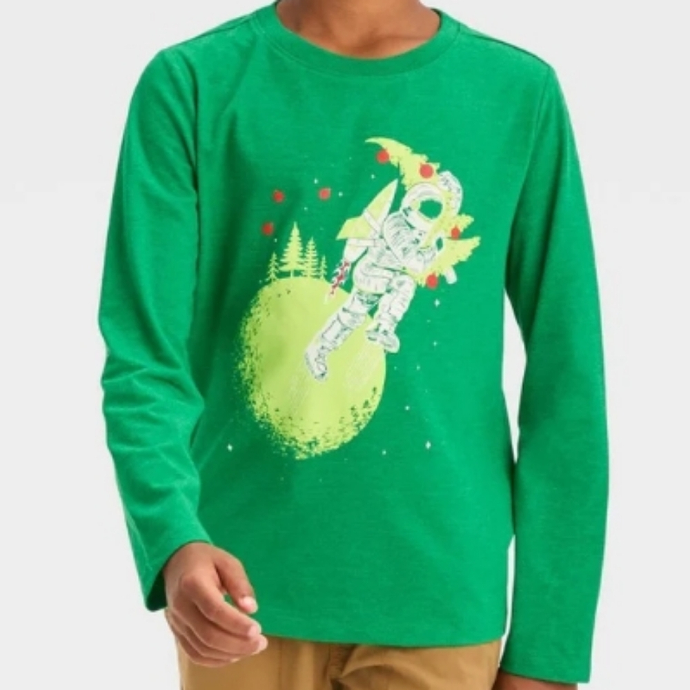 Cat & Jack Boys Two-piece Long Sleeve Shirt Size S(4/5) Chirstmas Green and Red